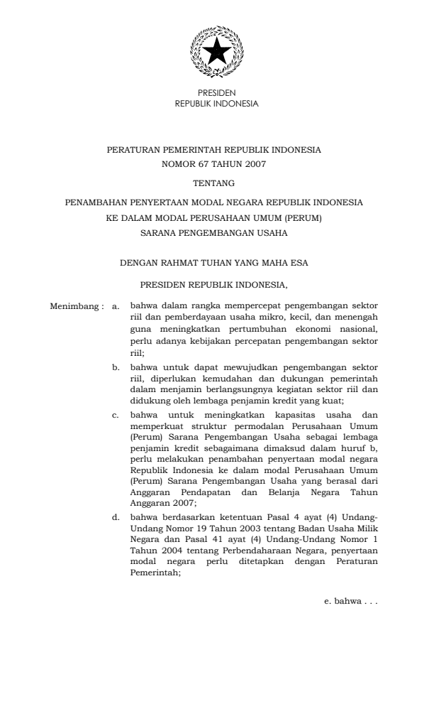 Peraturan Pemerintah Nomor 67 Tahun 2007