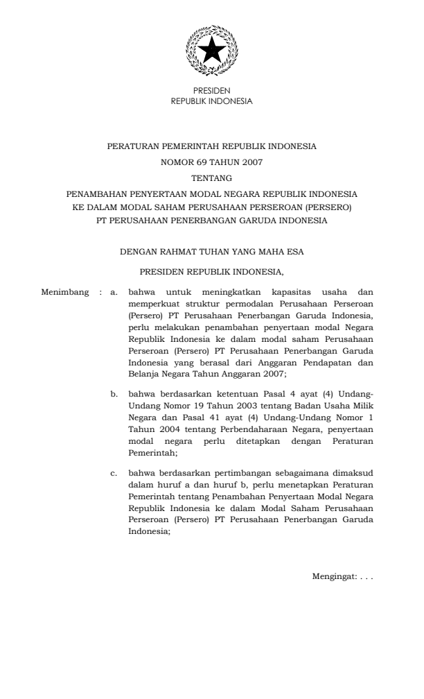 Peraturan Pemerintah Nomor 69 Tahun 2007