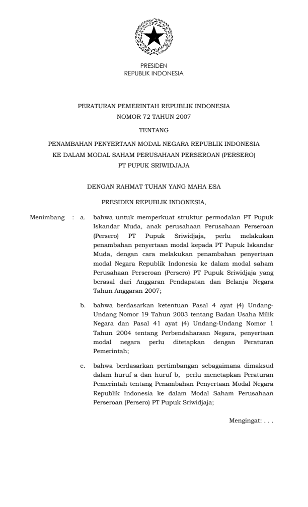 Peraturan Pemerintah Nomor 72 Tahun 2007