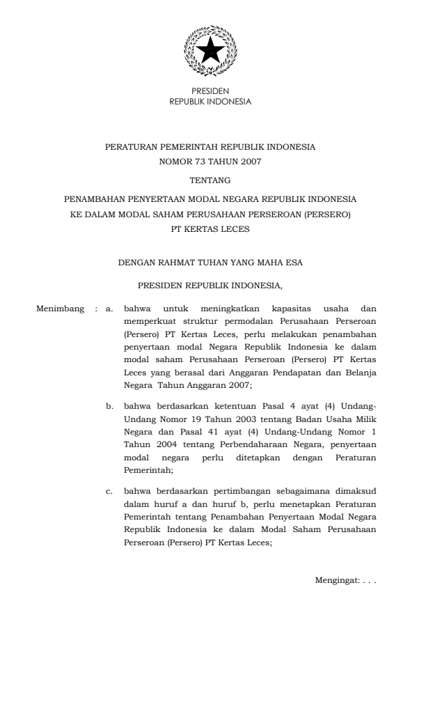 Peraturan Pemerintah Nomor 73 Tahun 2007