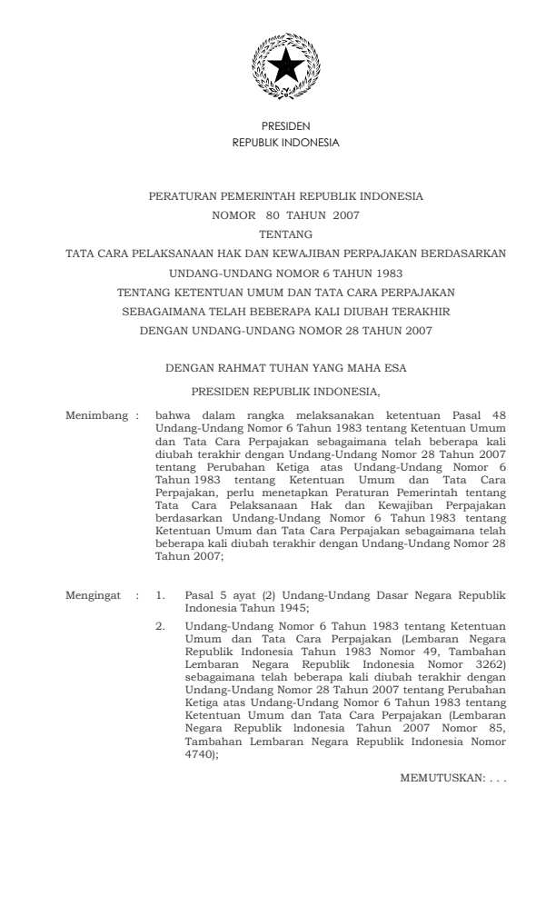 Peraturan Pemerintah Nomor 80 Tahun 2007