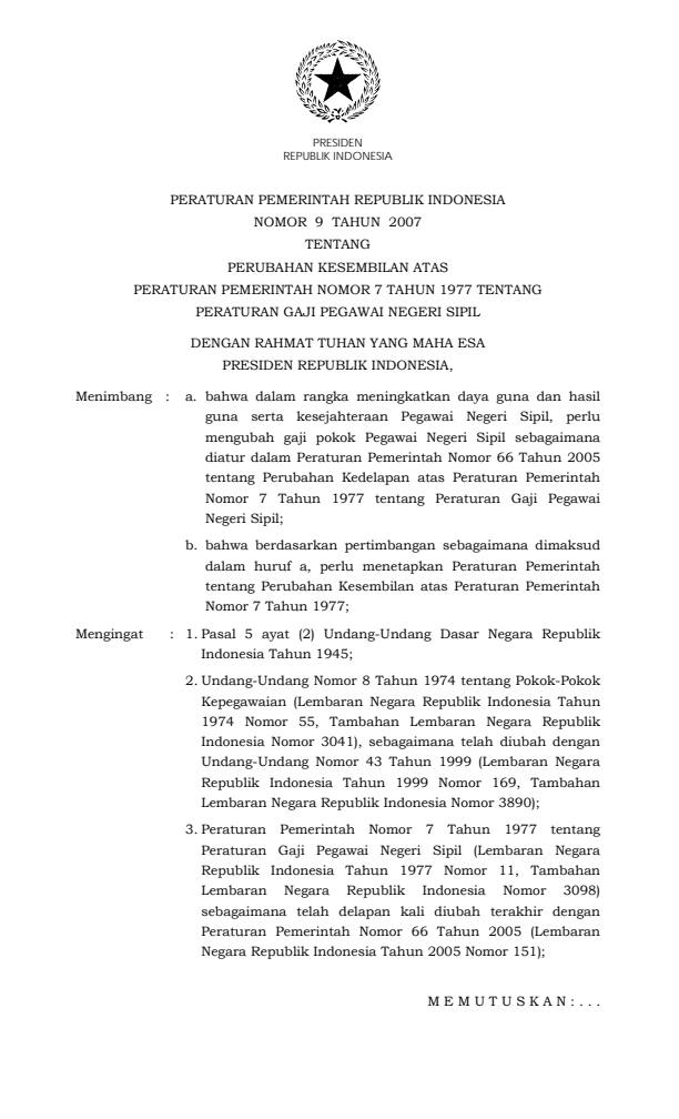 Peraturan Pemerintah Nomor 9 Tahun 2007