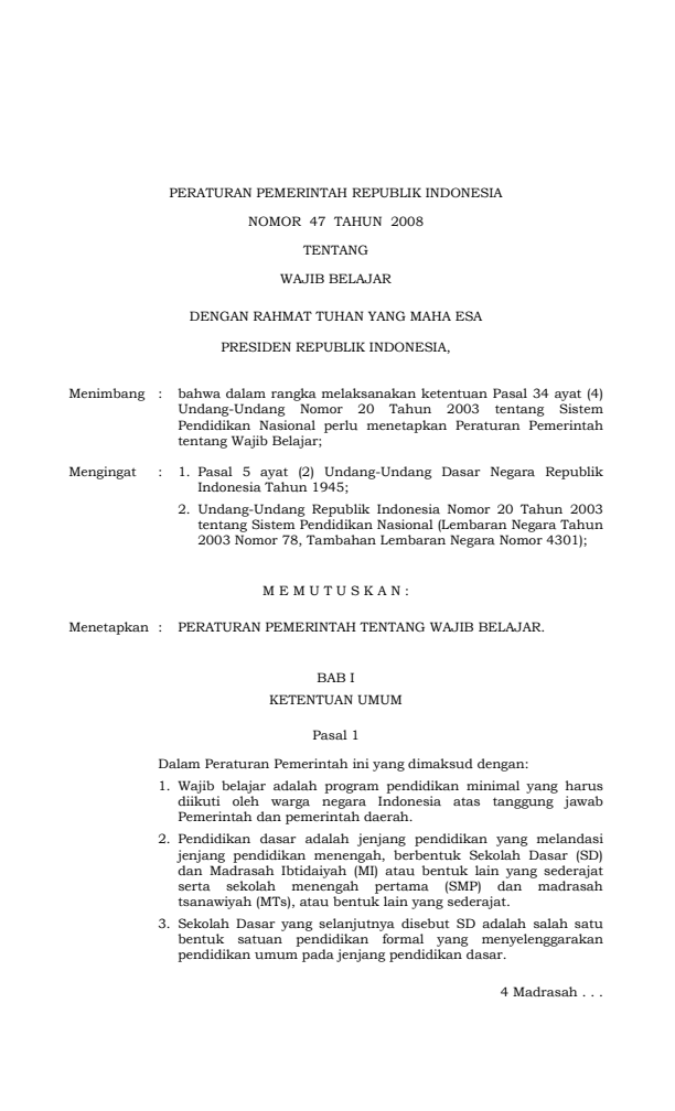 Peraturan Pemerintah Nomor 47 Tahun 2008