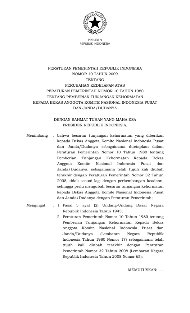 Peraturan Pemerintah Nomor 10 Tahun 2009