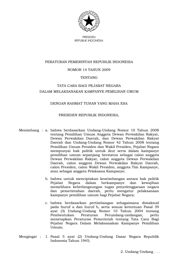 Peraturan Pemerintah Nomor 14 Tahun 2009