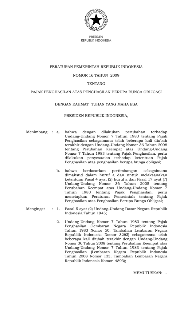 Peraturan Pemerintah Nomor 16 Tahun 2009