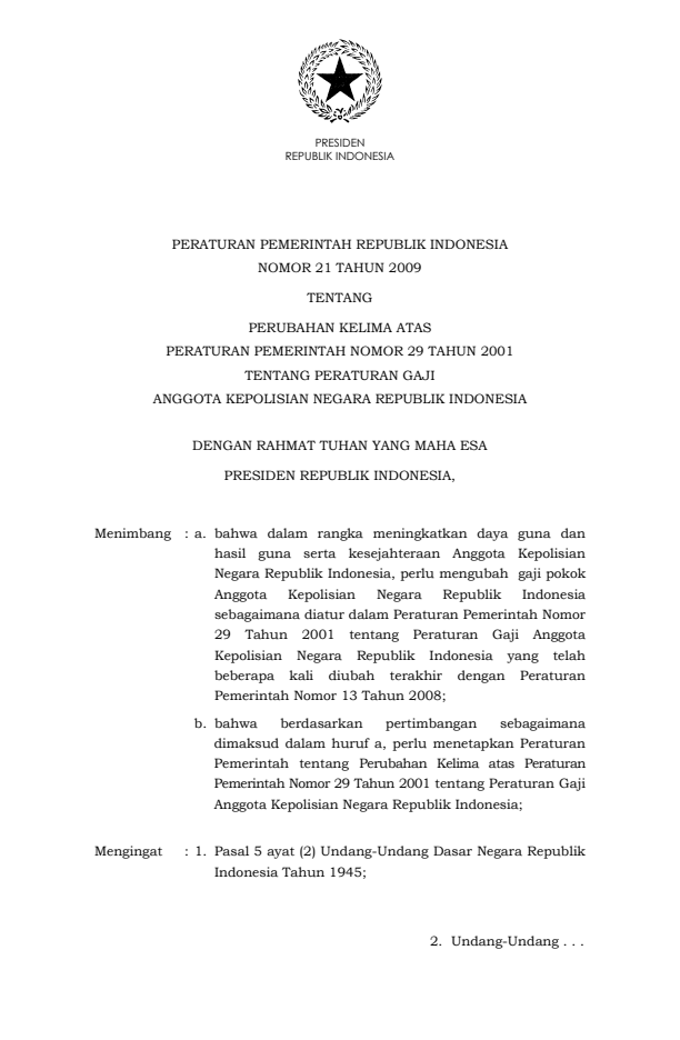 Peraturan Pemerintah Nomor 21 Tahun 2009