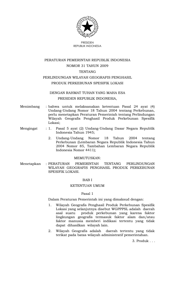 Peraturan Pemerintah Nomor 31 Tahun 2009