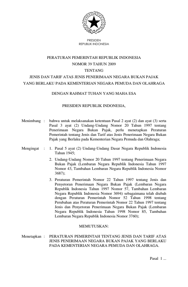 Peraturan Pemerintah Nomor 39 Tahun 2009