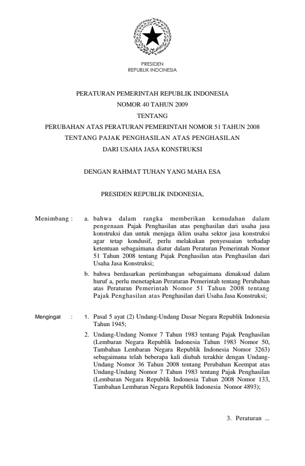 Peraturan Pemerintah Nomor 40 Tahun 2009