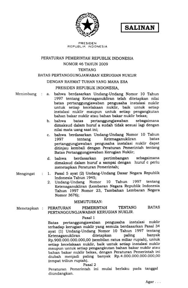 Peraturan Pemerintah Nomor 46 Tahun 2009