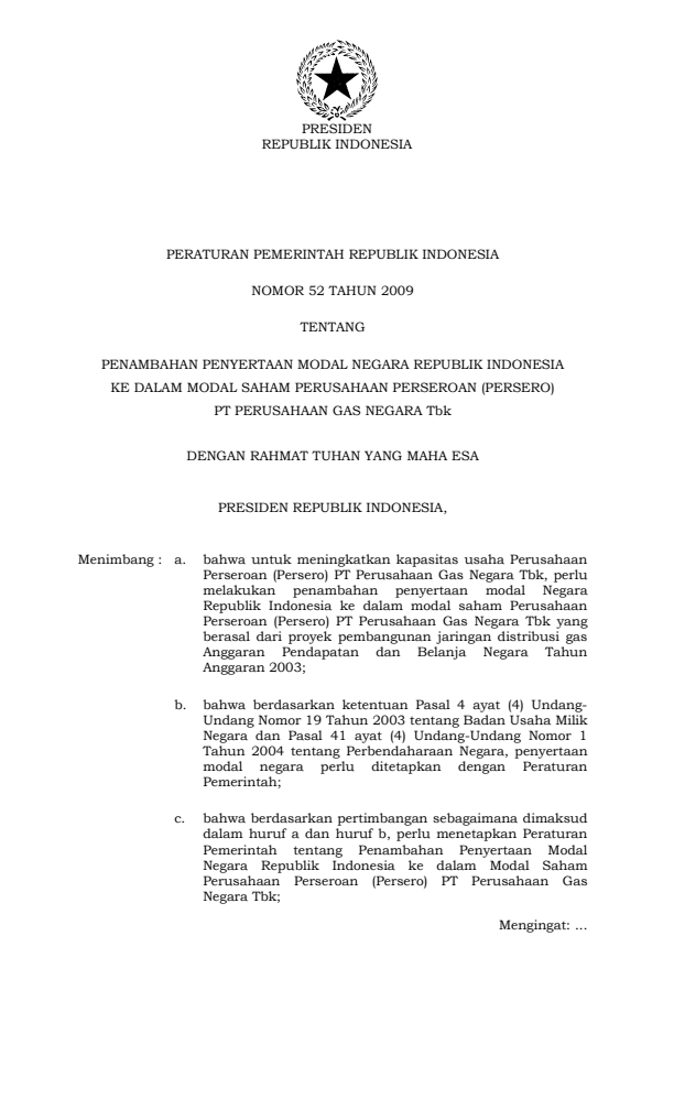 Peraturan Pemerintah Nomor 52 Tahun 2009