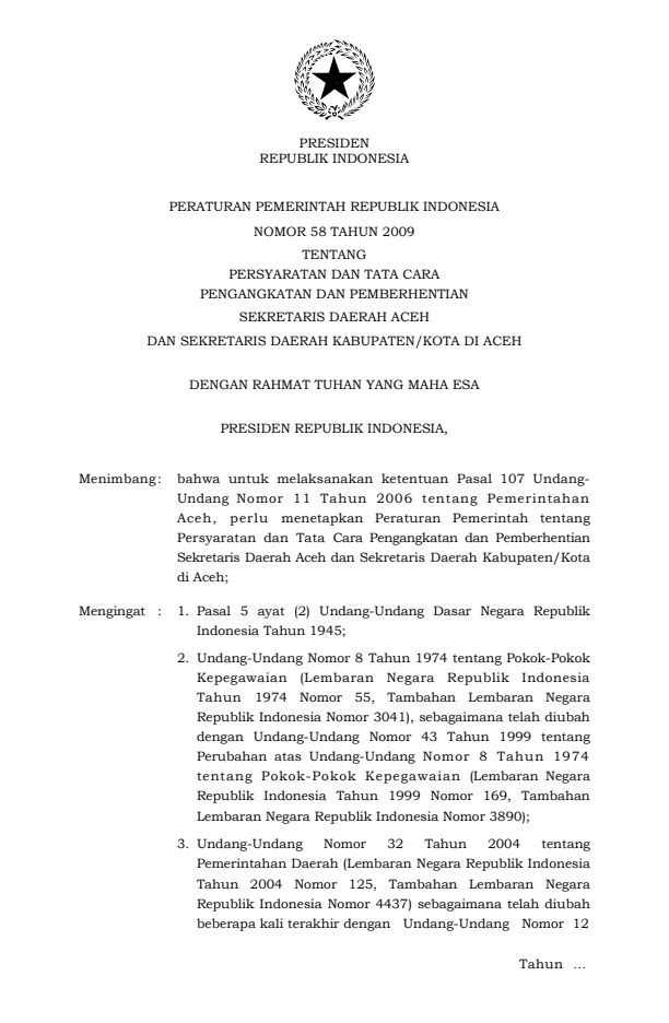 Peraturan Pemerintah Nomor 58 Tahun 2009