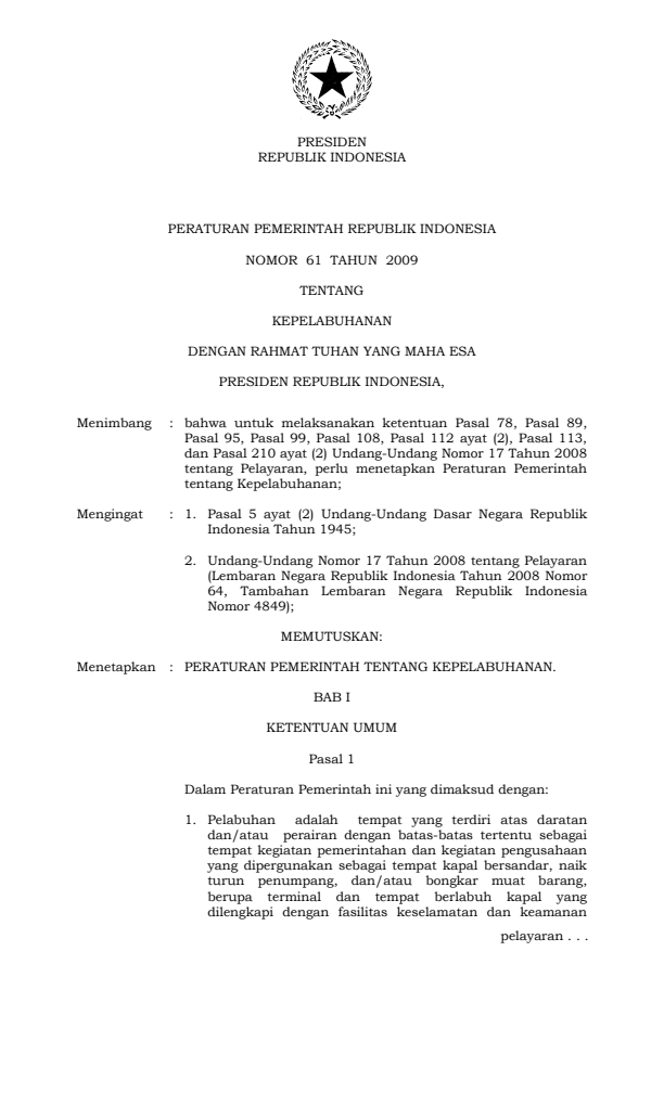 Peraturan Pemerintah Nomor 61 Tahun 2009