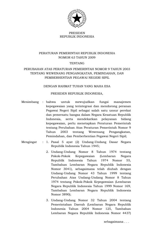 Peraturan Pemerintah Nomor 63 Tahun 2009