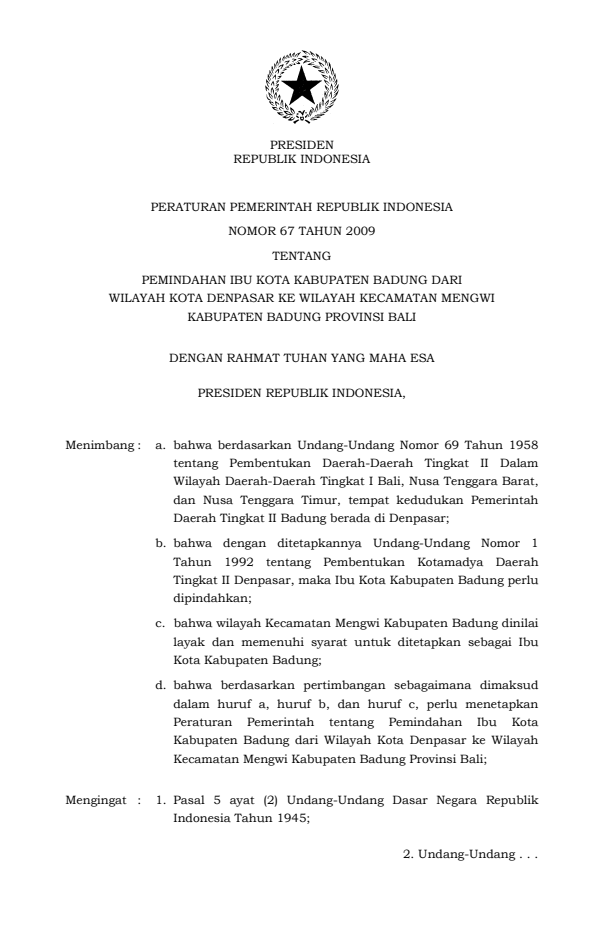 Peraturan Pemerintah Nomor 67 Tahun 2009