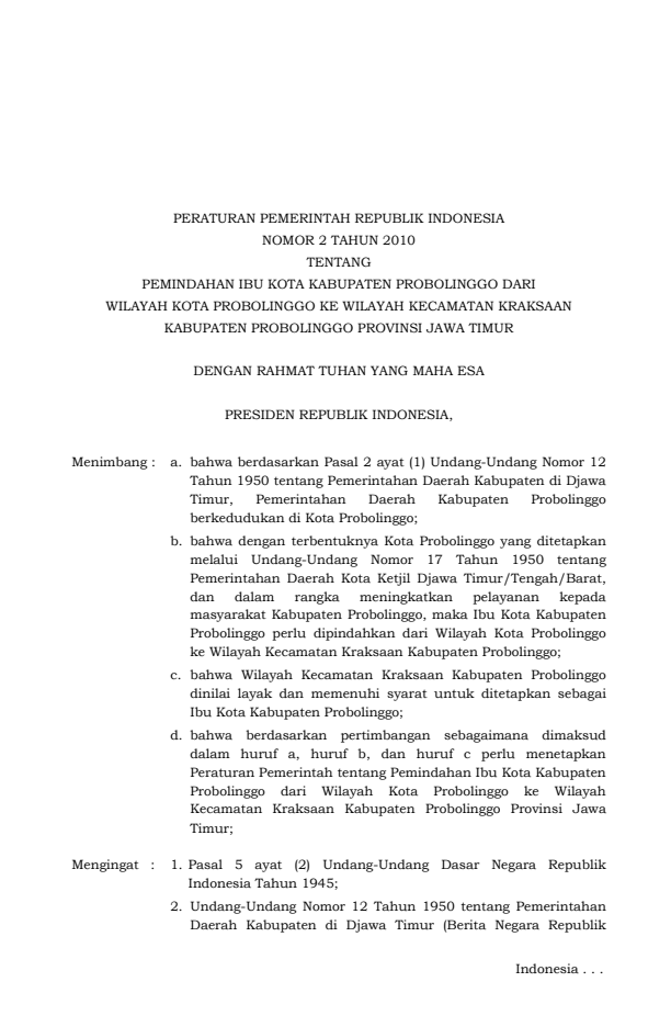 Peraturan Pemerintah Nomor 2 Tahun 2010