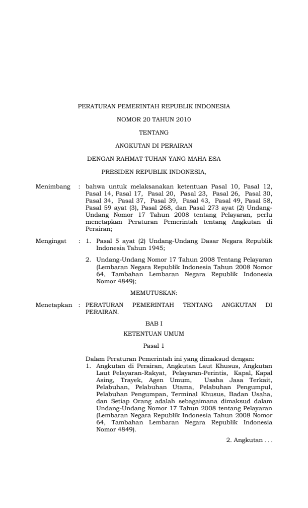 Peraturan Pemerintah Nomor 20 Tahun 2010