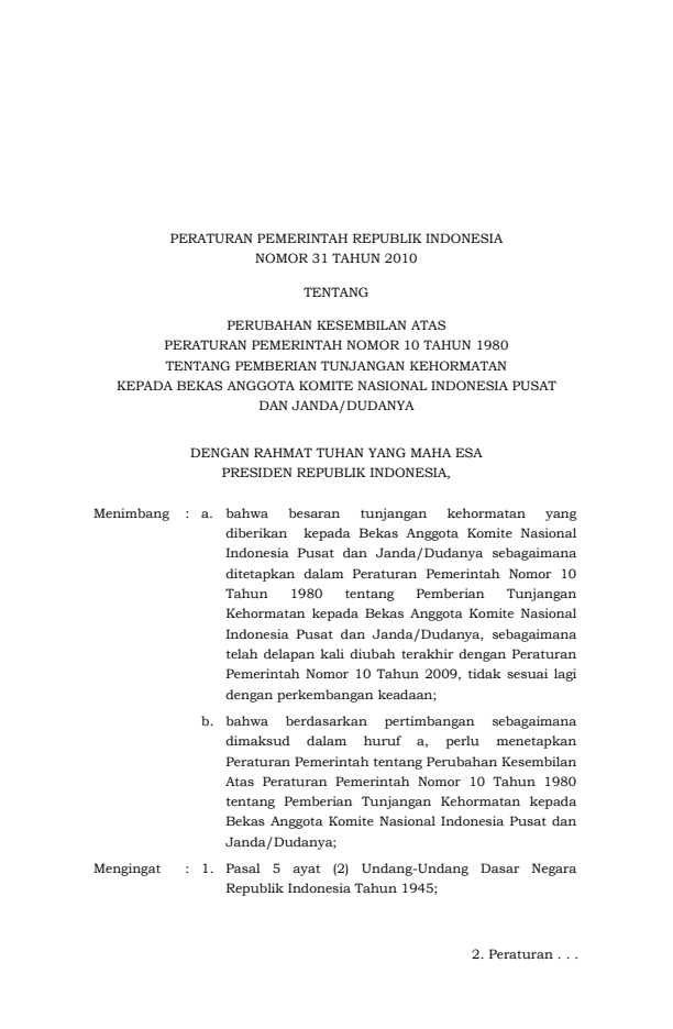 Peraturan Pemerintah Nomor 31 Tahun 2010