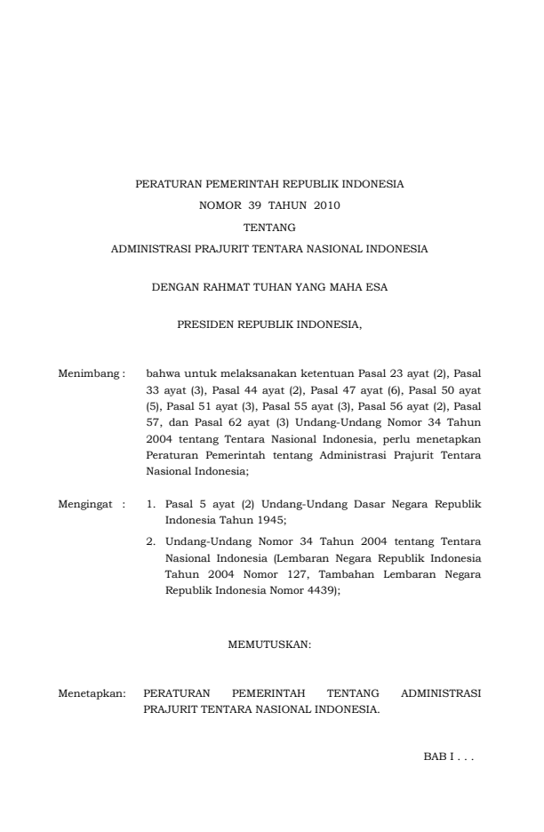 Peraturan Pemerintah Nomor 39 Tahun 2010