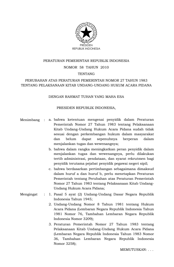 Peraturan Pemerintah Nomor 58 Tahun 2010