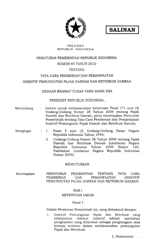 Peraturan Pemerintah Nomor 69 Tahun 2010