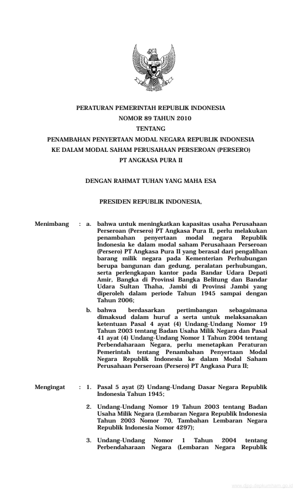 Peraturan Pemerintah Nomor 89 Tahun 2010