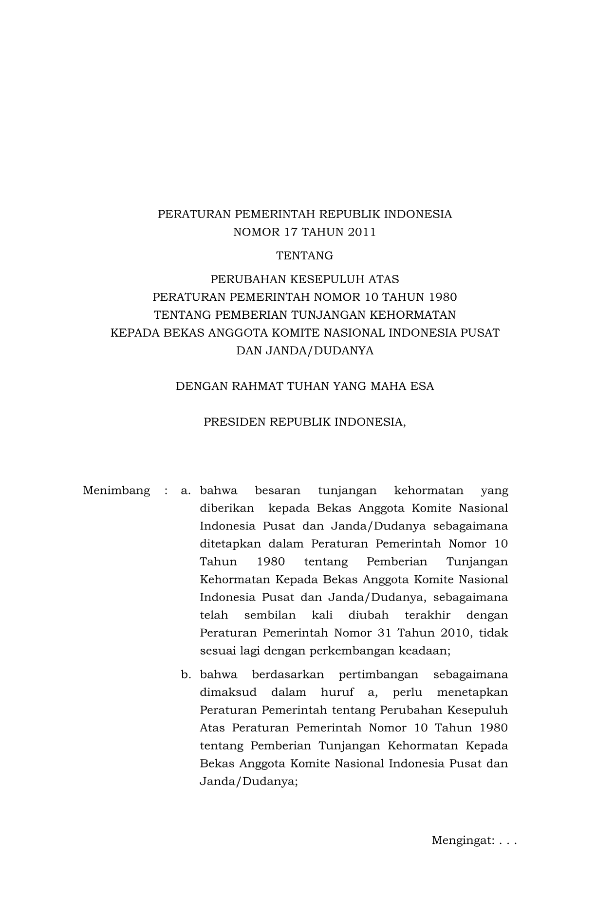 Peraturan Pemerintah Nomor 17 Tahun 2011