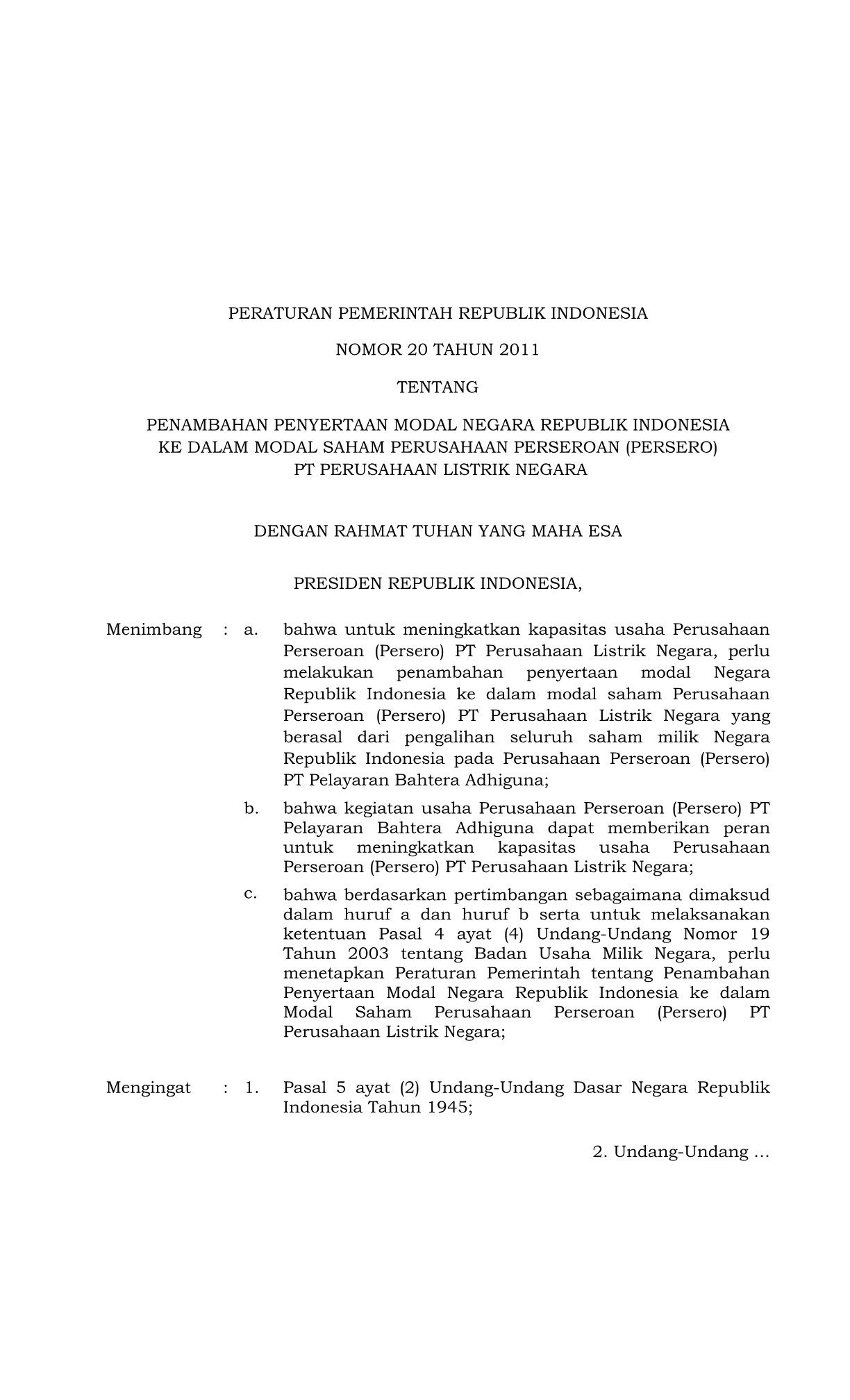 Peraturan Pemerintah Nomor 20 Tahun 2011