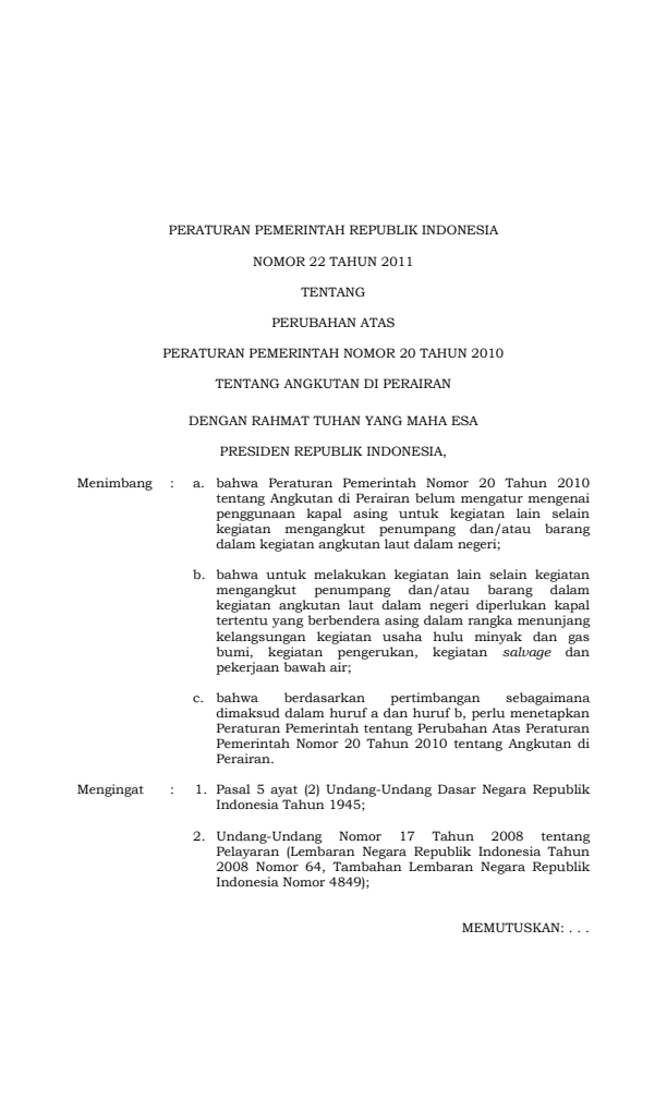 Peraturan Pemerintah Nomor 22 Tahun 2011