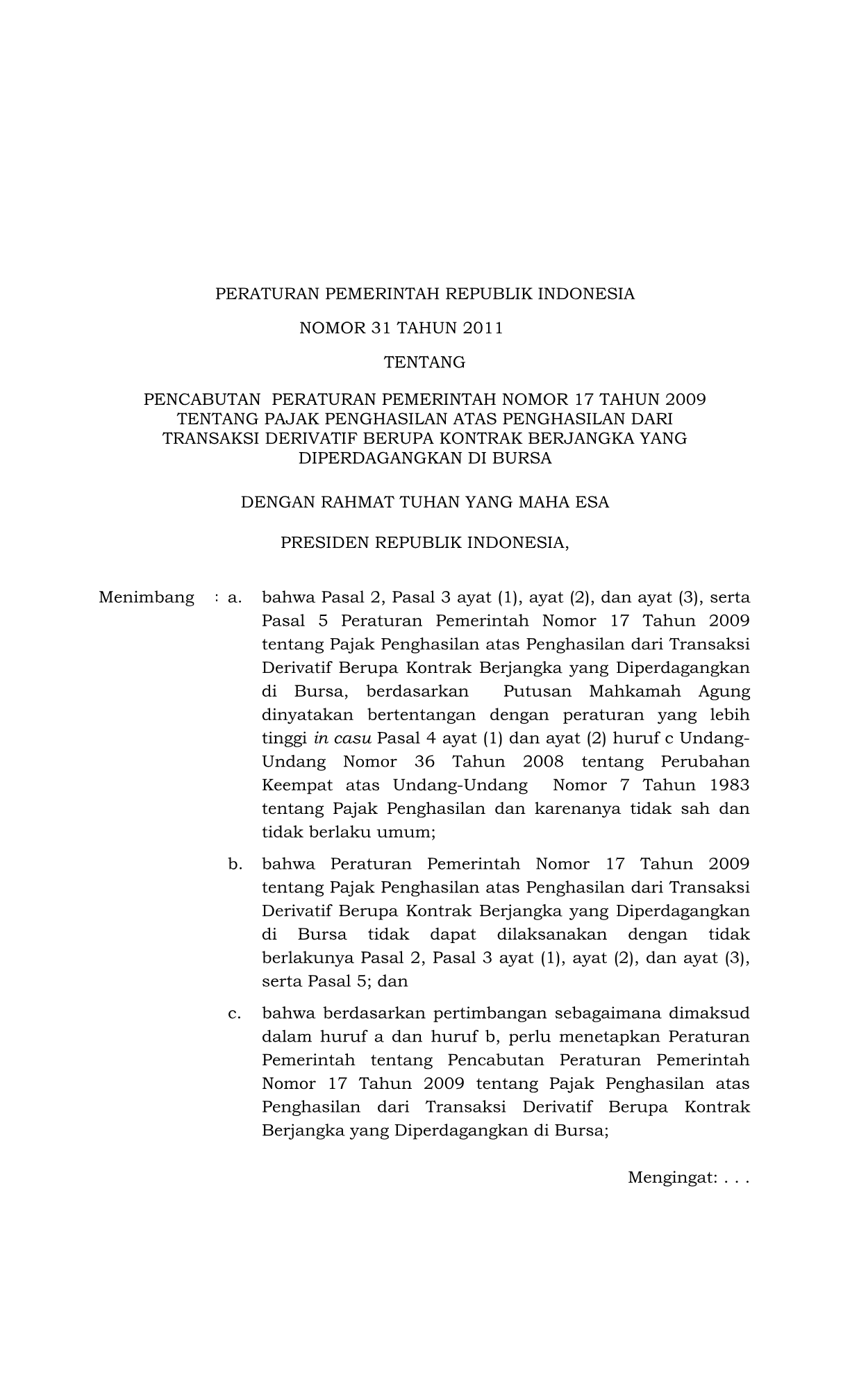 Peraturan Pemerintah Nomor 31 Tahun 2011