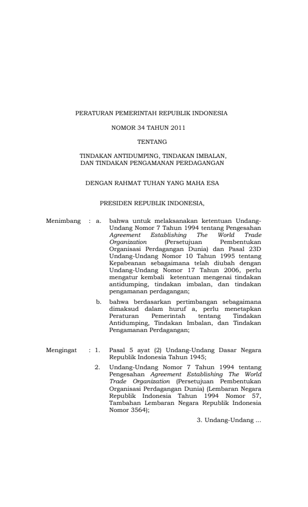 Peraturan Pemerintah Nomor 34 Tahun 2011