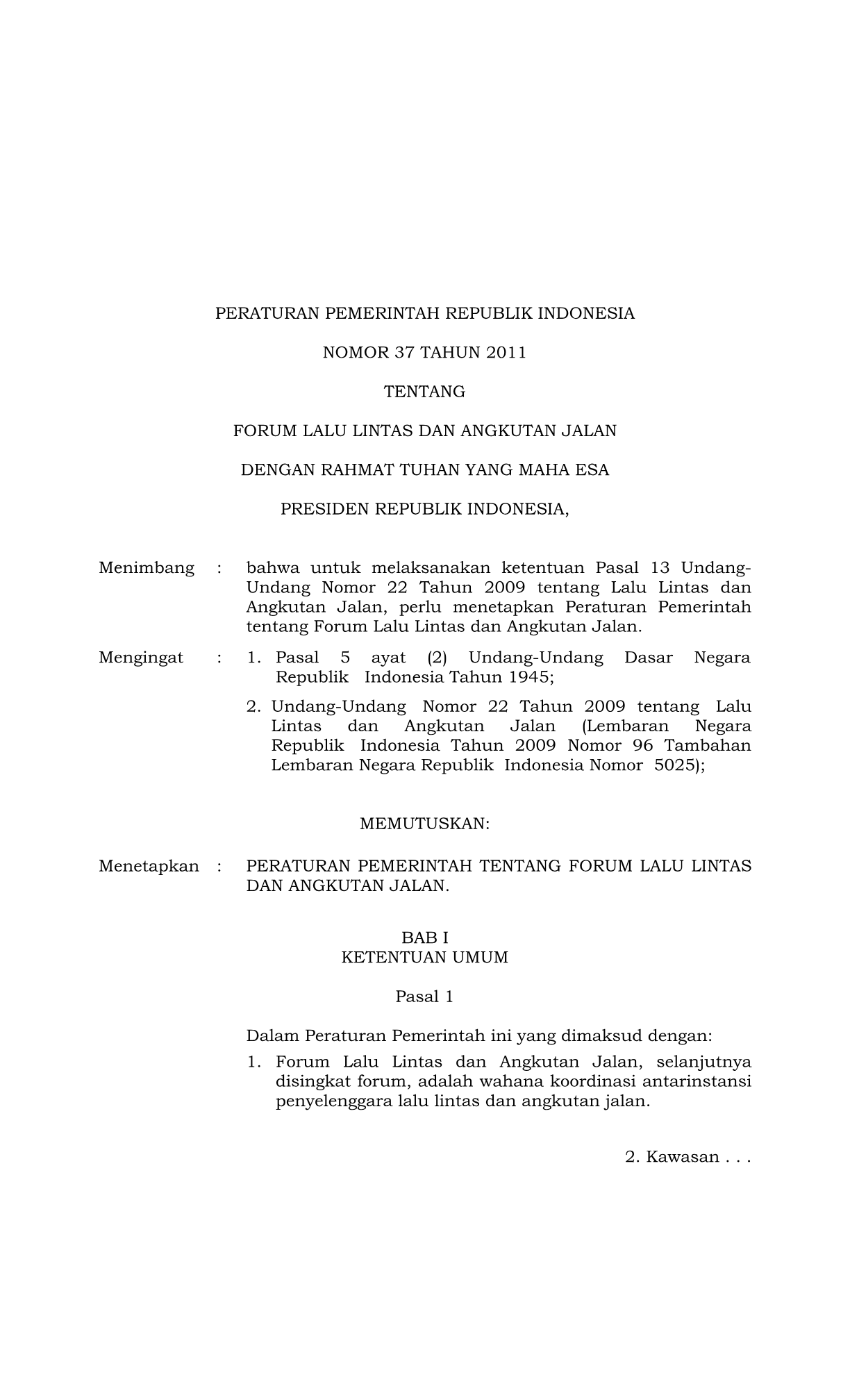 Peraturan Pemerintah Nomor 37 Tahun 2011