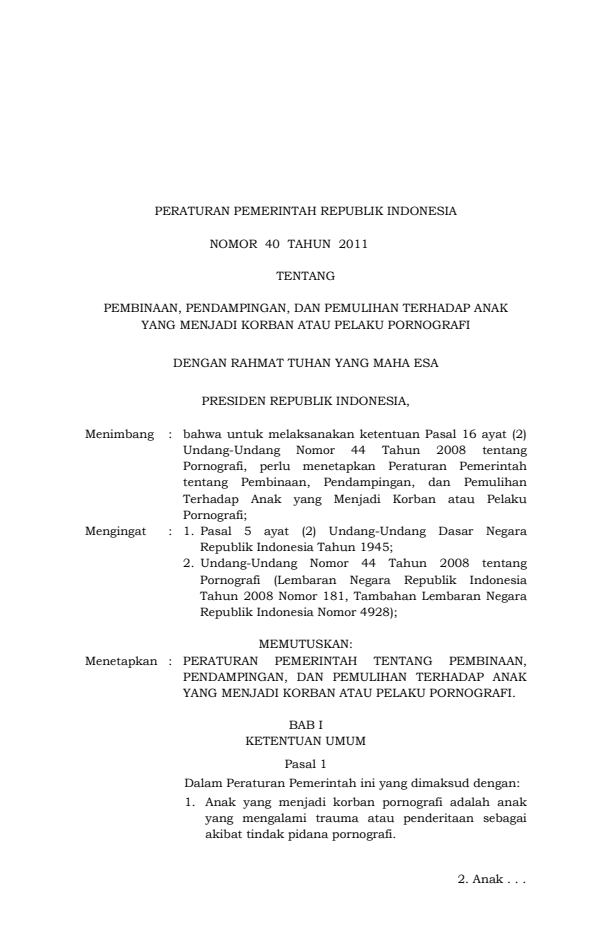 Peraturan Pemerintah Nomor 40 Tahun 2011