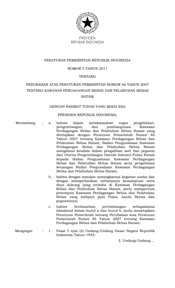 Peraturan Pemerintah Nomor 5 Tahun 2011