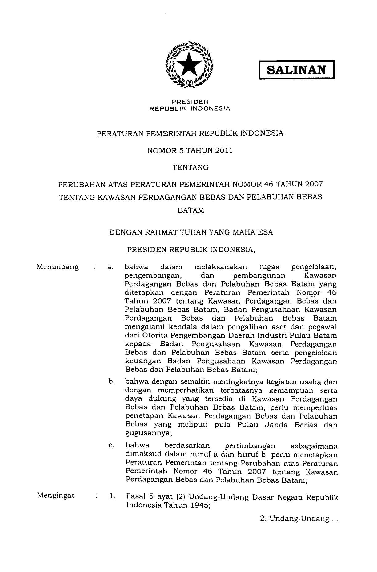 Peraturan Pemerintah Nomor 5 Tahun 2011
