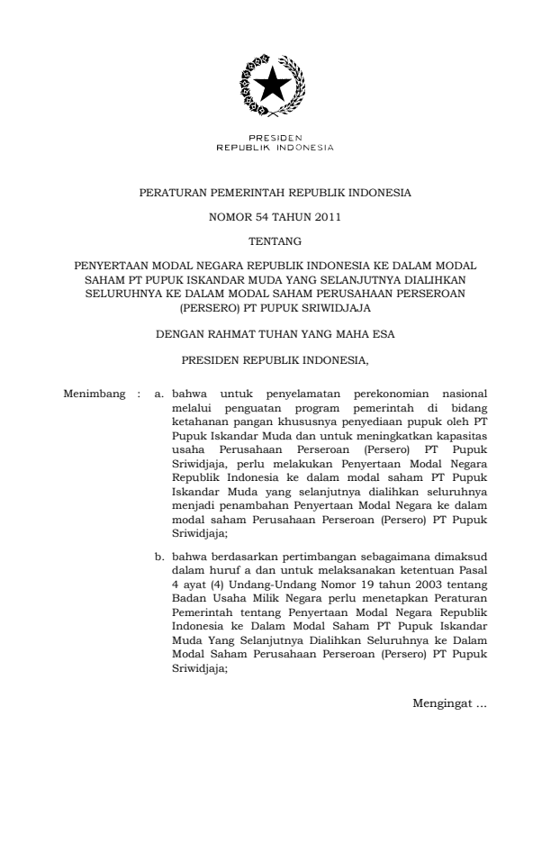 Peraturan Pemerintah Nomor 54 Tahun 2011