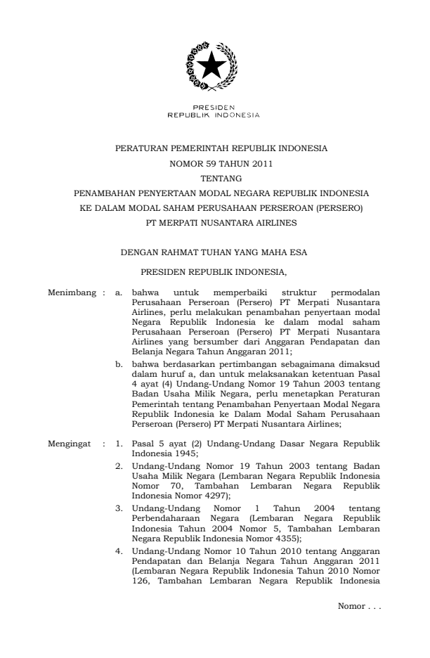 Peraturan Pemerintah Nomor 59 Tahun 2011