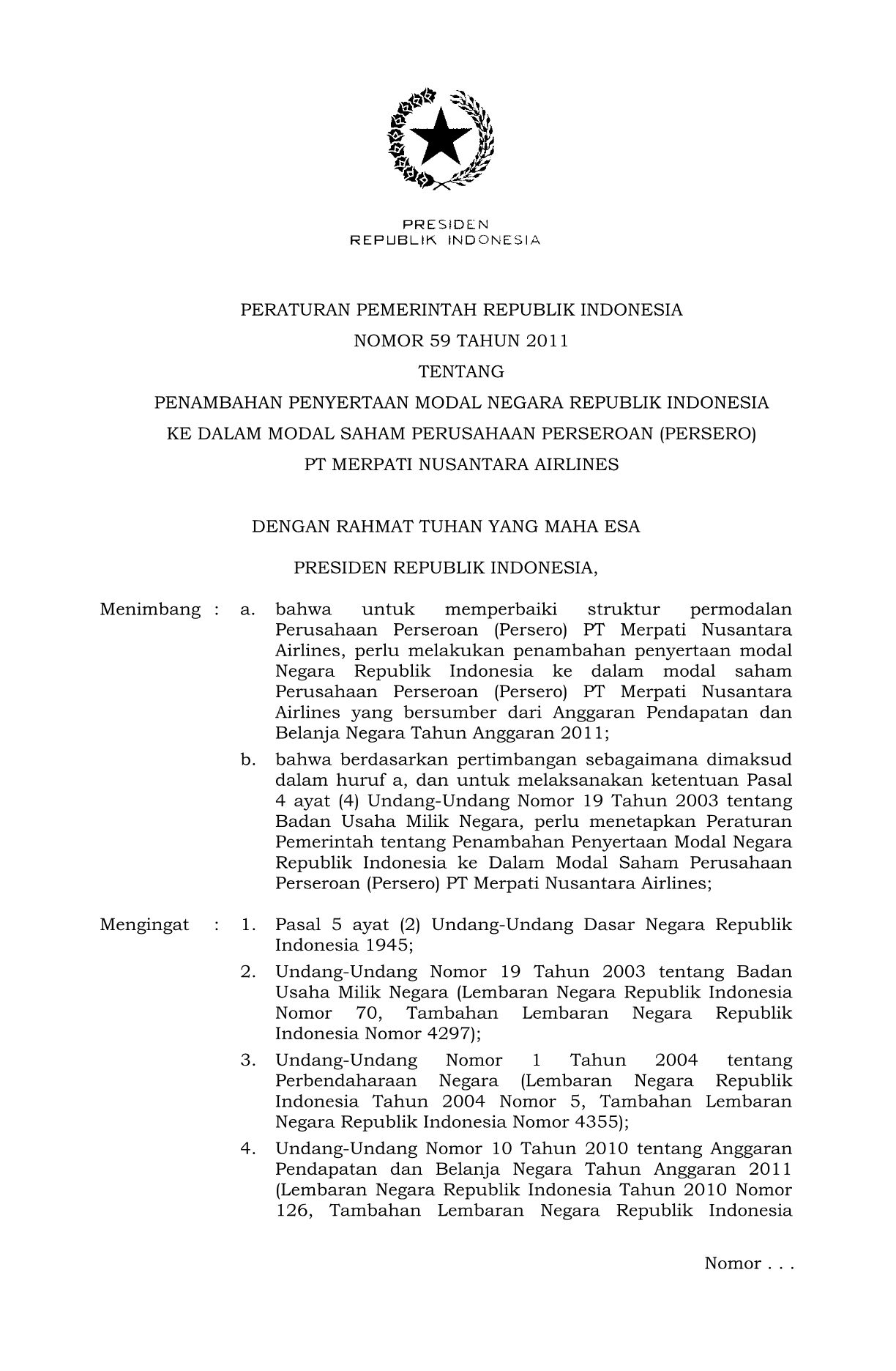 Peraturan Pemerintah Nomor 59 Tahun 2011