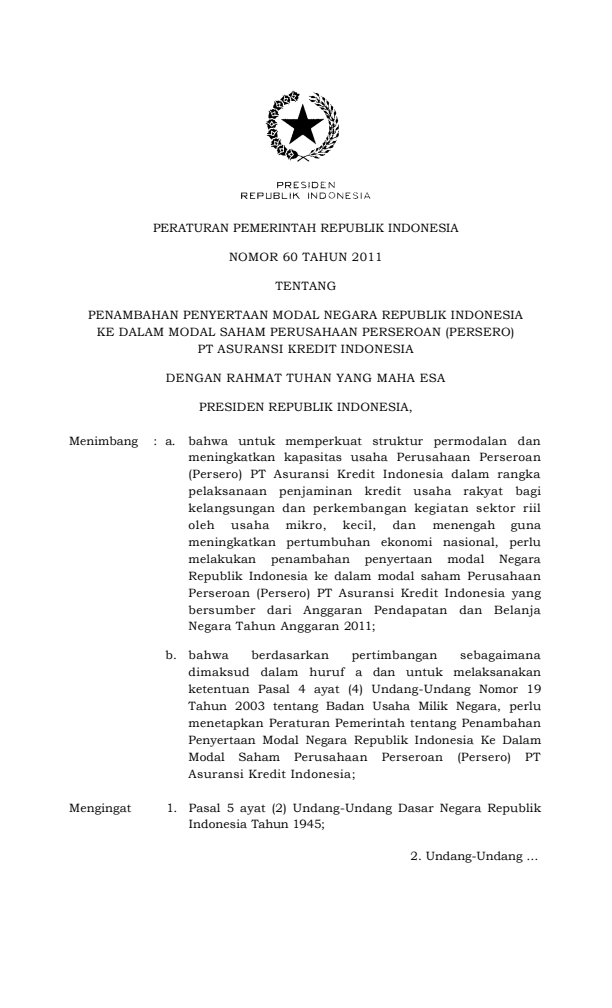 Peraturan Pemerintah Nomor 60 Tahun 2011