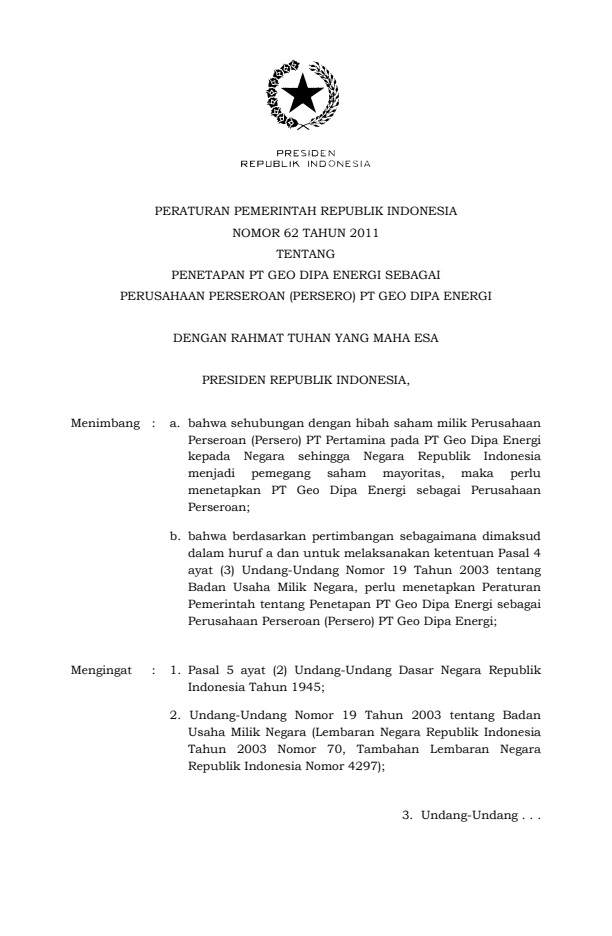 Peraturan Pemerintah Nomor 62 Tahun 2011