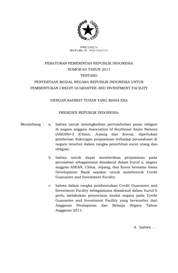 Peraturan Pemerintah Nomor 63 Tahun 2011