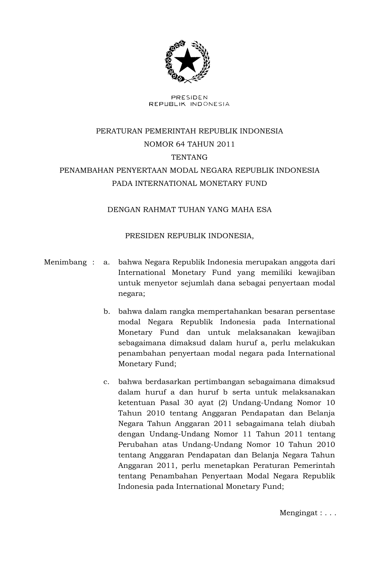 Peraturan Pemerintah Nomor 64 Tahun 2011