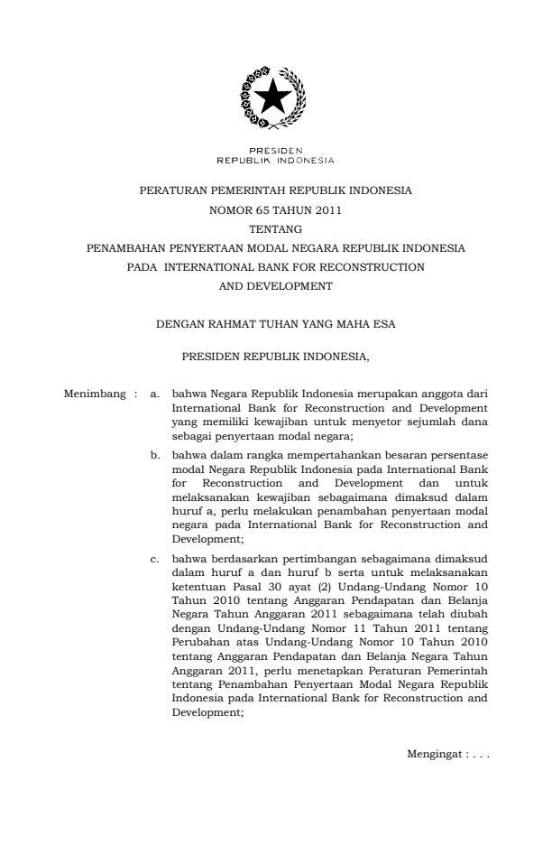 Peraturan Pemerintah Nomor 65 Tahun 2011