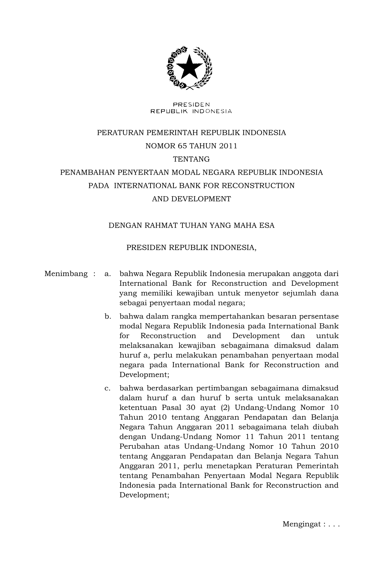 Peraturan Pemerintah Nomor 65 Tahun 2011