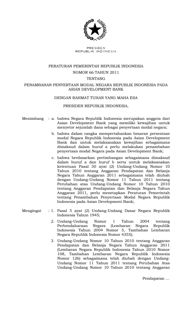 Peraturan Pemerintah Nomor 66 Tahun 2011