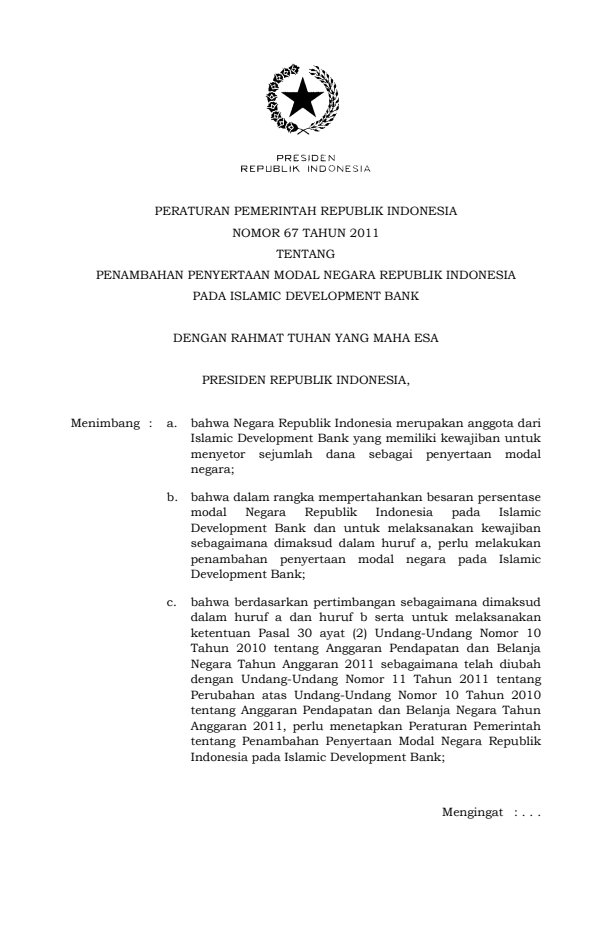 Peraturan Pemerintah Nomor 67 Tahun 2011