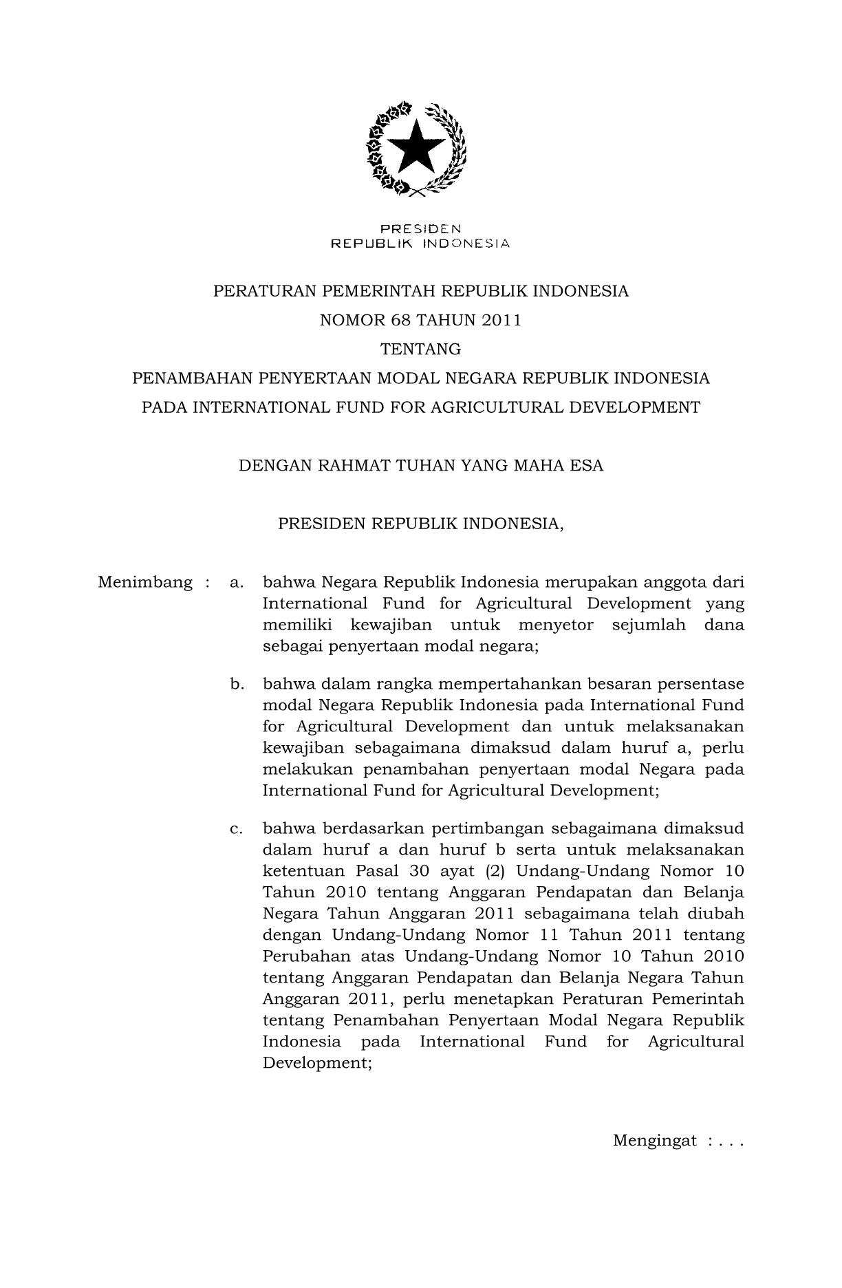 Peraturan Pemerintah Nomor 68 Tahun 2011