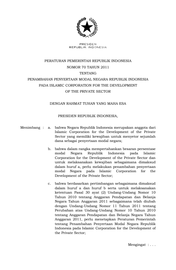 Peraturan Pemerintah Nomor 70 Tahun 2011