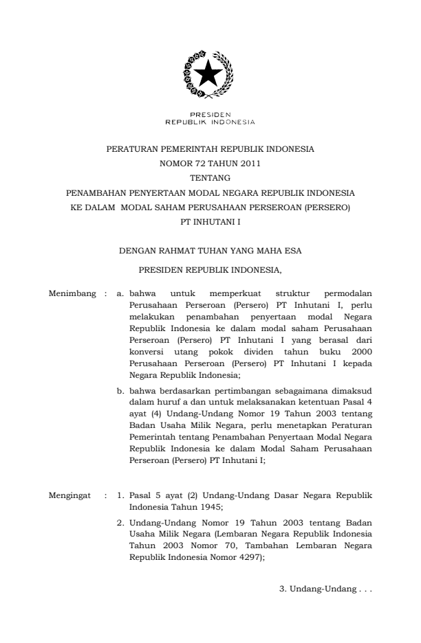 Peraturan Pemerintah Nomor 72 Tahun 2011